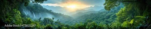 Tropical Waterfall at Sunrise in Mountainous Jungle