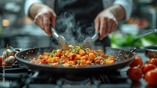Chef Stirring a Pan of Gnocchi with Tomato Sauce