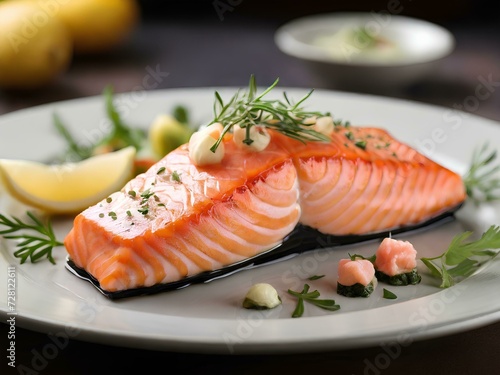 Elegant dish of cooked salmon fillet, garnished and seasoned with fresh herbs and served with vegetables. Generative AI