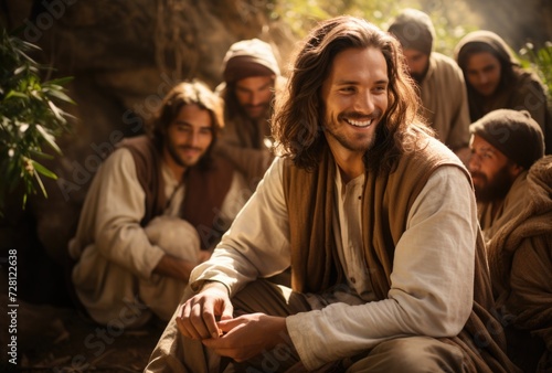 In serene tableau, Jesus Christ and disciples gather, radiating divine harmony. Scene captures essence of spiritual teachings and the sacred camaraderie among these central figures of Christian faith.