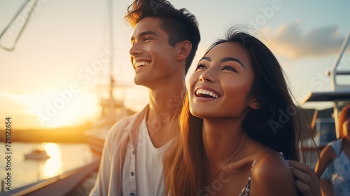 Couple drinking alcohol Mai Tai cocktails at Hawaii beach bar club at sunset. Beautiful asian girl flirting and enjoying alcoholic drinks outside on terrace with caucasian male. photo