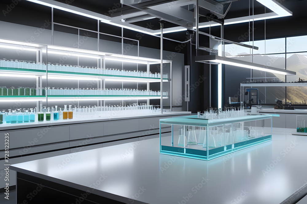 Futuristic white laboratory of chemical manufacturing facility. A scientific environment is ideal for research and development in various fields including medical science and industrial manufacturing.