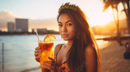 Hawaii vacation summer travel- Mai Tai and aloha spirit. Asian woman relaxing drinking Hawaiian cocktail drink Mai Tai, at sunset view of Waikiki beach in Honolulu, Oahu, USA travel.