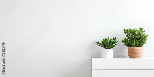 Minimalist interior with a white commode displaying a crassula plant. photo