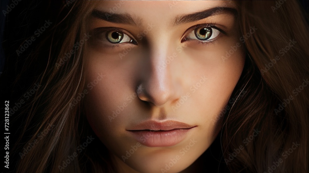 Nude face of beauty woman with long hair and brown eyes, no make-up Nude face of beauty woman with long hair and brown eyes, no make-up