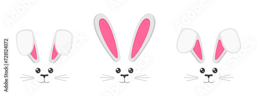 Set of cute bunny muzzles with ears, eyes, nose, mouth and whisker. Decoration elements for Easter party, photo shoots, greeting or invitation cards, celebration banners. Vector flat illustration