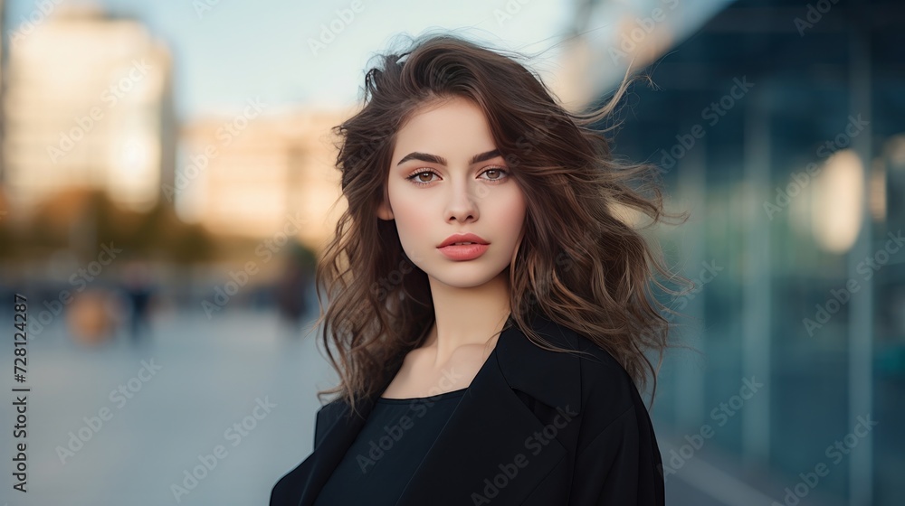 Portrait of young beautiful fashionable woman looking at camera with confidence against city background 