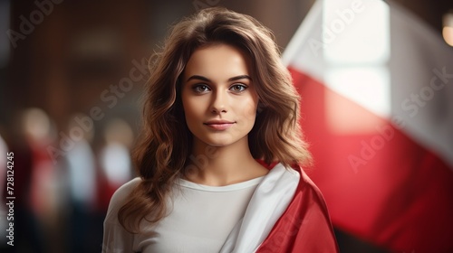 Portrait of a young female student in her hands holding the flag of Poland.