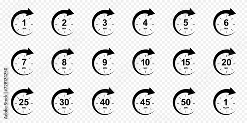 Set of minutes icons with circle arrows. Stopwatch symbols. 1, 2, 3, 4, 5, 6, 7, 8, 9, 10, 15, 20, 25, 30, 40, 45, 50 min and 1 hour sport or cooking timer signs. Vector graphic illustration photo