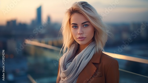 Portrait of young beautiful fashionable woman looking at camera with confidence against city background 