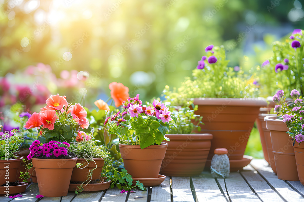 A sunny garden display featuring gardening supplies such as flowers, pots, soil, and plants.