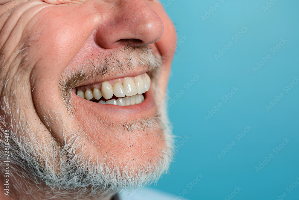 Close-up of the joyful smile of an elderly man, showcasing his perfect teeth, accompanied by a macro zoom image of a collage featuring an implanted tooth in the gum. Presented against a blue backgroun Close-up of the joyful smile of an elderly man, showcasing his perfect teeth, accompanied by a macro zoom image of a collage featuring an implanted tooth in the gum. Presented against a blue backgroun