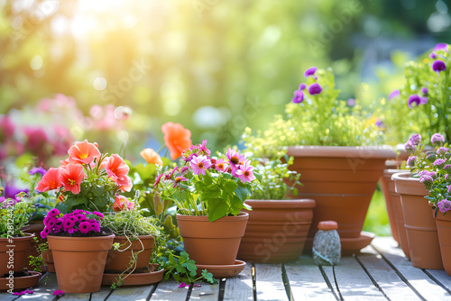 A sunny garden display featuring gardening supplies such as flowers  pots  soil  and plants.