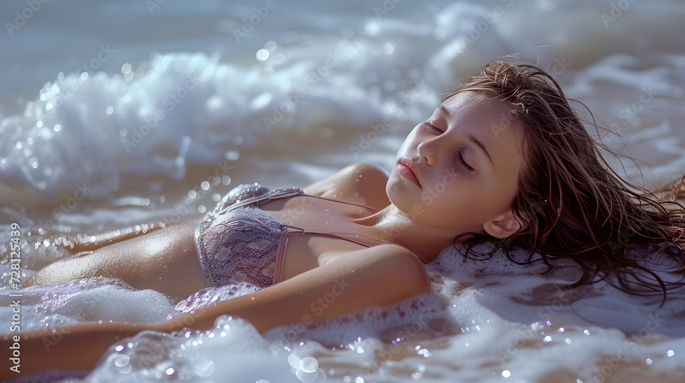 Cute little girl lying on the beach With the sea waves as a blanket. a little girl in a bathtub with water. a little girl laying in the ocean.