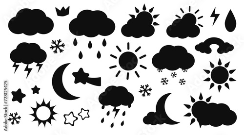 Set of weather silhouette vector isolated on white background. Sun, clouds, thunder, lightning, snow, rain, black silhouette icon, pictogram