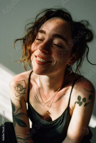 A woman with tattoos smiling. Generative AI.