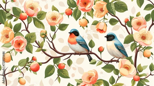 Floral summer vector seamless pattern - birds and aple tre, generative ai © Dzakir