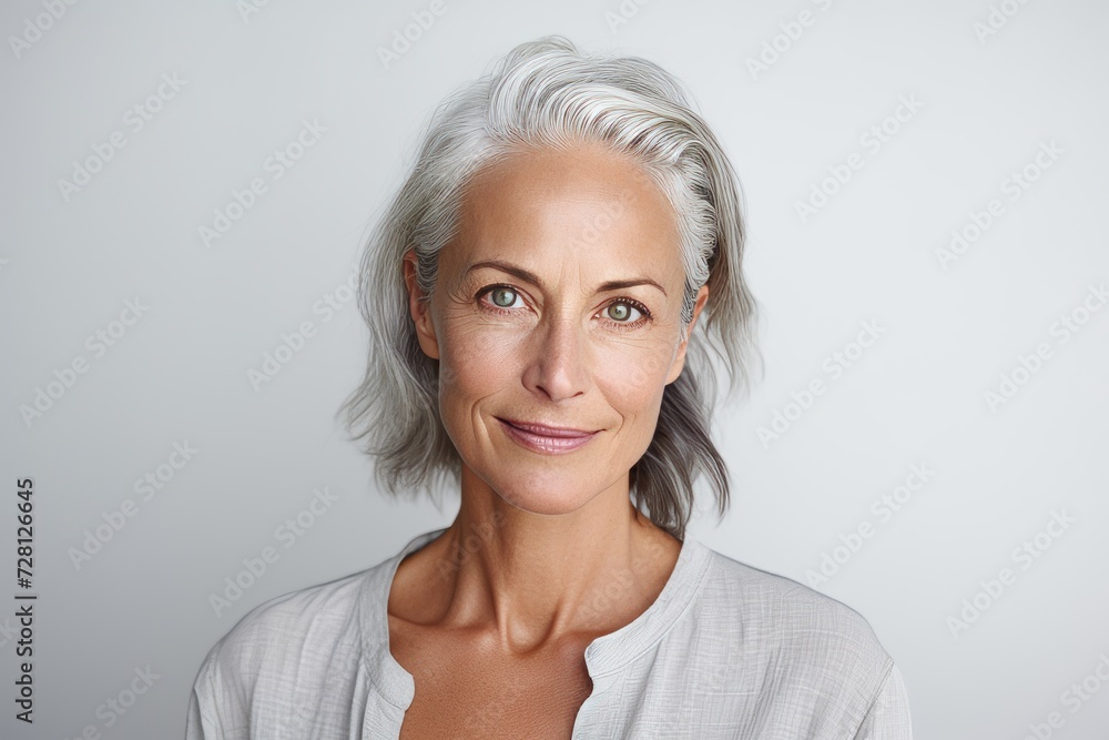 Portrait of a beautiful mature woman with grey hair, isolated on grey background