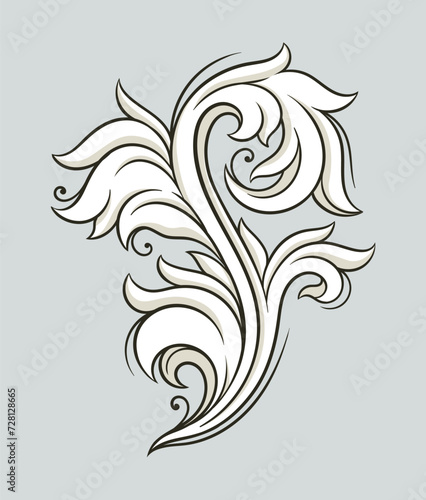 Baroque element concept. Traditional old style ornament and pattern. Template for flyer and leaflet. Architecture of old Rome and Greece. Linear flat vector illustration isolated on grey background