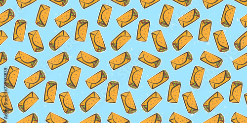 Light blue textured seamless pattern with colorful Mexican burrito. Cute doodle texture with shawarma sandwich for fastfood design, food textile, banner, menu, surface