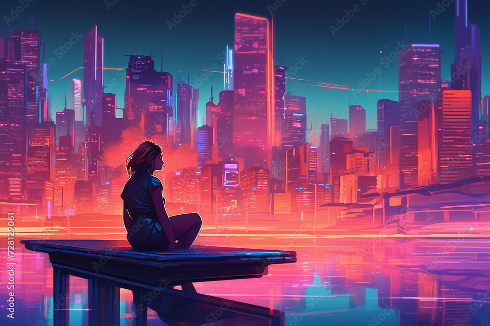 Fototapeta premium Neon Dreamscape: Immersive Synthwave Artwork Evoking 80s Nostalgia, Retro Futurism, Cybernetic Aesthetics