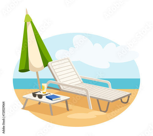 Beach chair with umbrella. Coastline scene from tropical and exotic country. Poster or banner. Vacation and holiday. Cartoon flat vector illustration isolated on white background