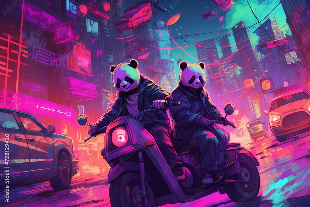 Neon Panda: Synthwave Artwork - Retro-Futuristic Panda Illustration in Cybernetic Aesthetics, Vaporwave Culture, Digital Retro Vibes, Retro Wave Music, Cyberpunk Style, Retrofuturism, Synthpop Influen