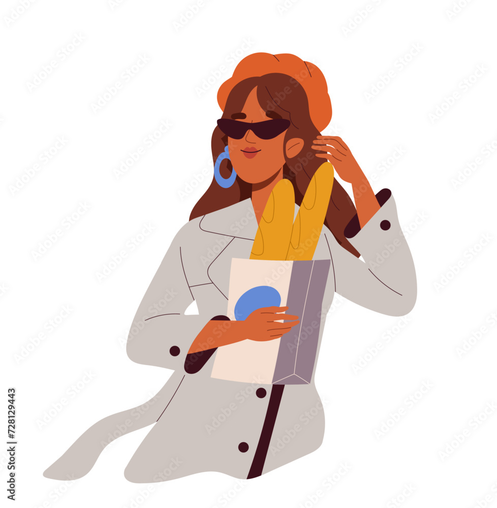 Beautiful women in life situation. Woman with package with baguettes. Active leisure. Girl with groceries. Social media sticker. Cartoon flat vector illustration isolated on white background