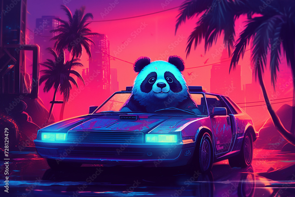 Neon Panda: Synthwave Artwork - Retro-Futuristic Panda Illustration in Cybernetic Aesthetics, Vaporwave Culture, Digital Retro Vibes, Retro Wave Music, Cyberpunk Style, Retrofuturism, Synthpop Influen