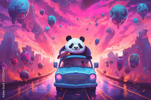 Neon Panda: Synthwave Artwork - Retro-Futuristic Panda Illustration in Cybernetic Aesthetics, Vaporwave Culture, Digital Retro Vibes, Retro Wave Music, Cyberpunk Style, Retrofuturism, Synthpop Influen photo