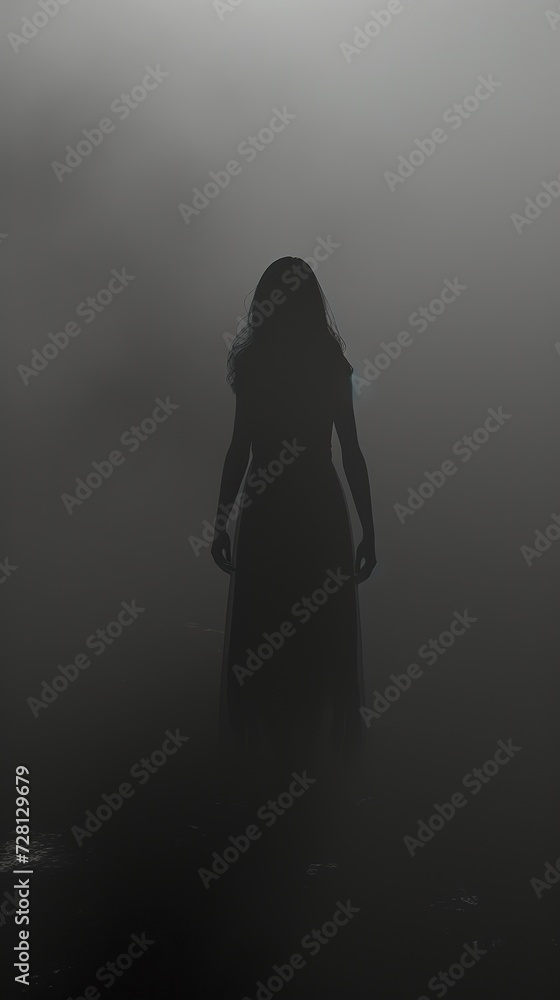 Enigmatic female silhouette in an eerie misty woods