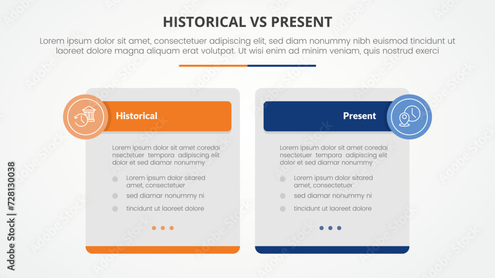 historical vs present versus comparison opposite infographic concept for slide presentation with big box table and circle badge header with flat style historical vs present versus comparison opposite infographic concept for slide presentation with big box table and circle badge header with flat style