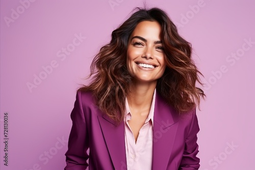 Portrait of a beautiful smiling businesswoman in purple suit over purple background