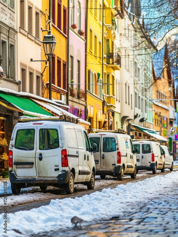 Fototapeta premium A row of vans parked on a snowy street. Generative AI.
