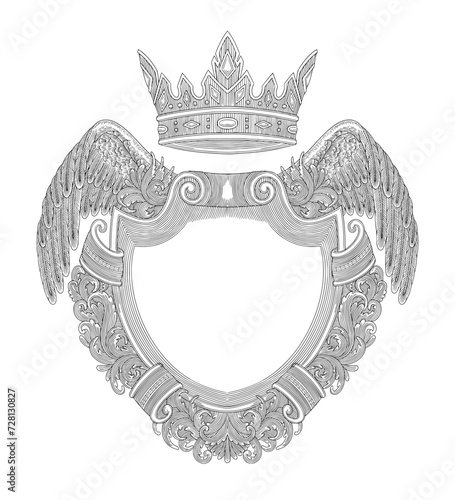 antique frame with crown, floral ornament and angel wing, vintage engraving vector illustration
