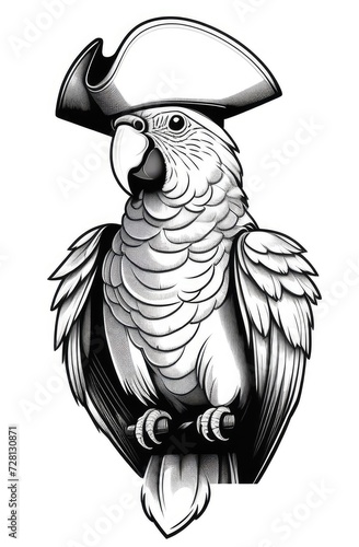 illustrated parrot in pirate hat, engraving black and white illustration on white background. photo