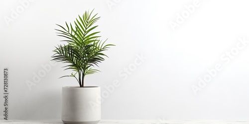 Isolated white background with concrete pot and decorative plant.