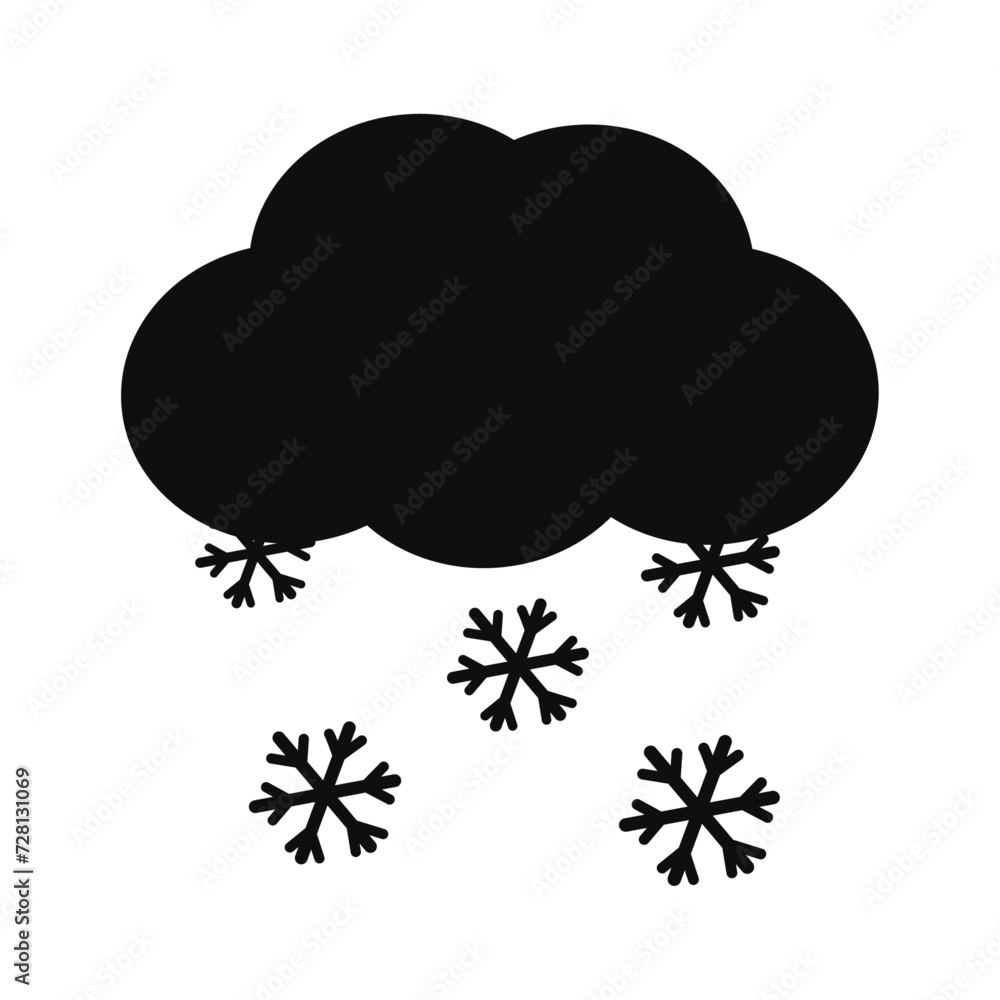 Simple cloud silhouette with falling snow, snowflakes. Black clouds silhouette vector isolated on white background Simple cloud silhouette with falling snow, snowflakes. Black clouds silhouette vector isolated on white background