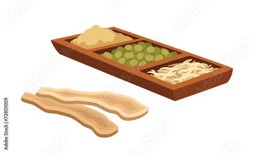 Chinese natural medicine concept. Asian health care and treatment. Bowls with herbs and grape. Template and layout. Cartoon flat vector illustration isolated on white background
