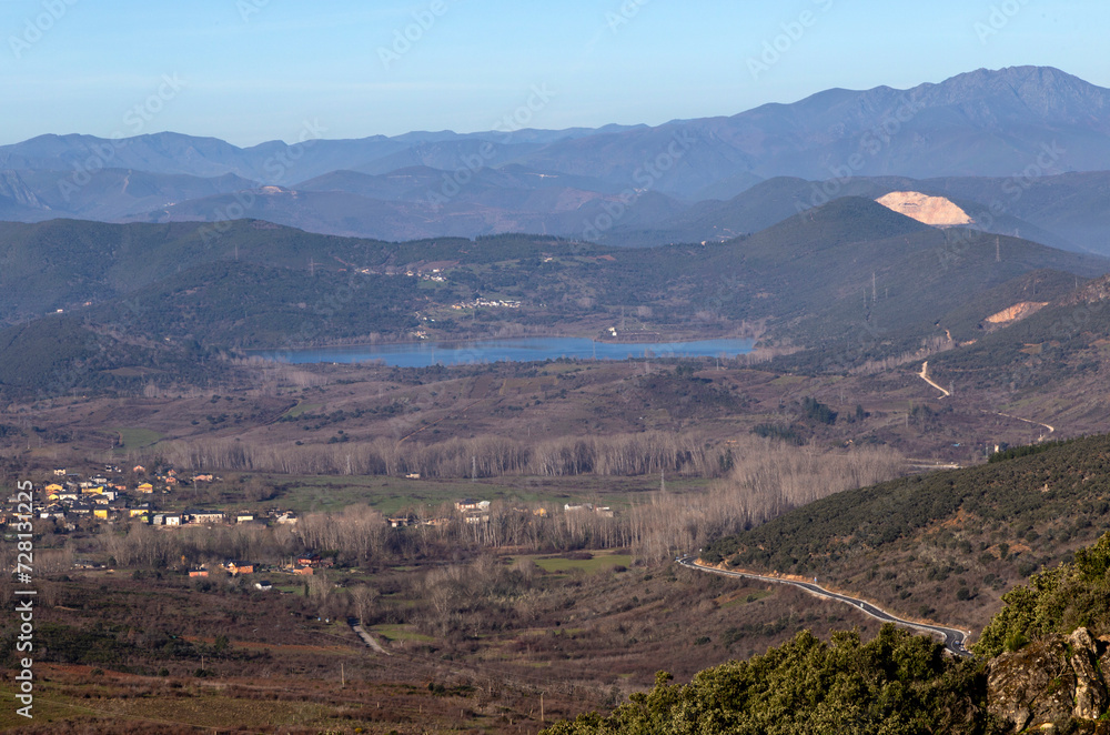 View of the Campañana reservoir from the Cornatel castle. El Bierzo, Leon, Spain.