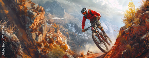 A mountain biker rides a bicycle on a rocky path. A cyclist in a helmet rides on rocks and a steep slope