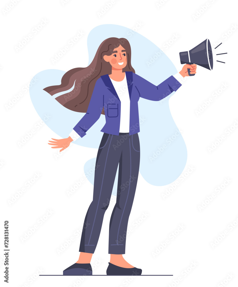 HR manager concept. Woman in suit with loudspeaker in hand. Recruiting and headhunting. Sticker for social networks. Cartoon flat vector illustration isolated on white background