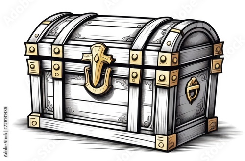 closed piratic treasure chest on white background, vintage engraving black and white illustration. photo
