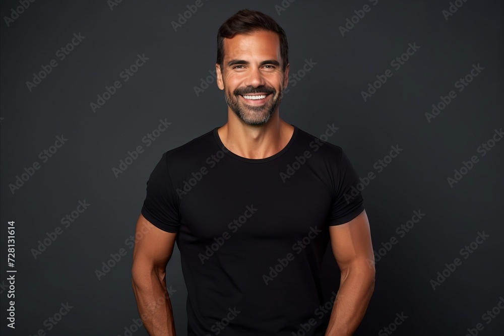 Handsome man in black t-shirt smiling at camera while standing against grey background