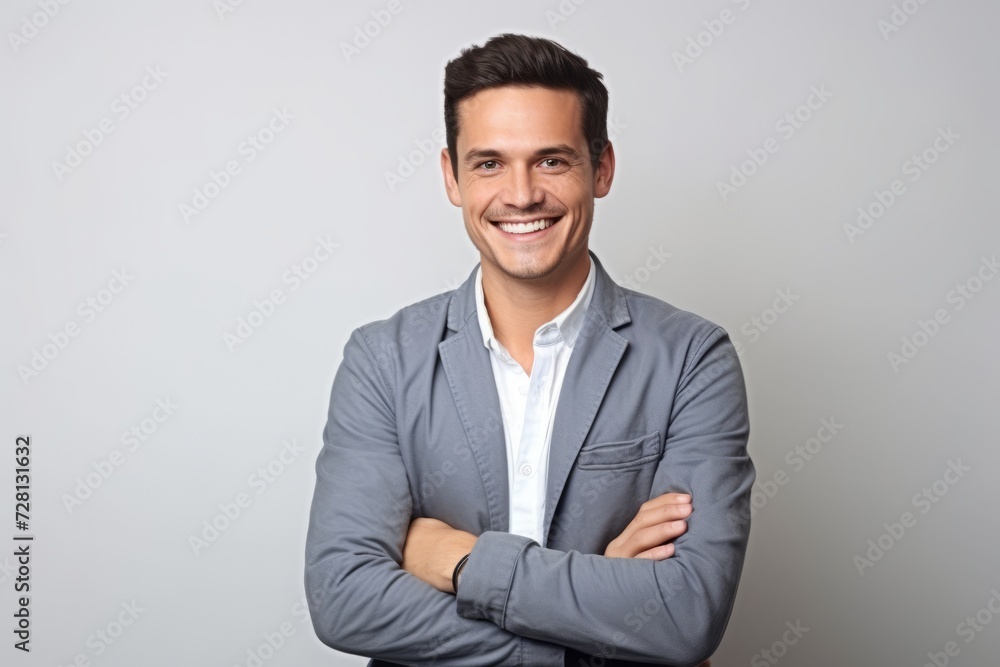 Portrait of a smiling young businessman with arms crossed against grey background Portrait of a smiling young businessman with arms crossed against grey background
