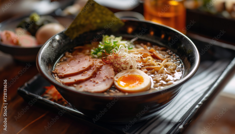 A plate of Japanese noodles. Rich ramen