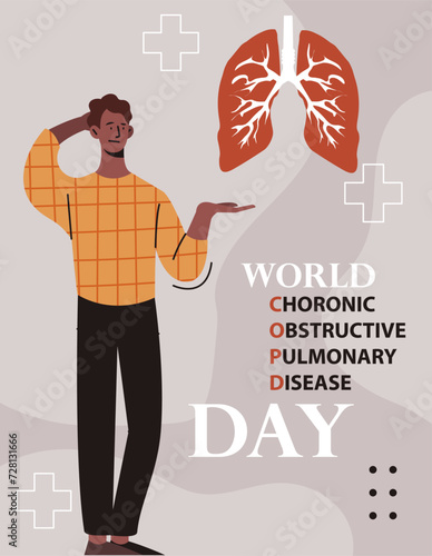 Pulmonary disease poster. National holiday of awareness 15 November. Health care and treatment, diagnosis. Booklet and leaflet. Man near lungs scheme. Cartoon flat vector illustration