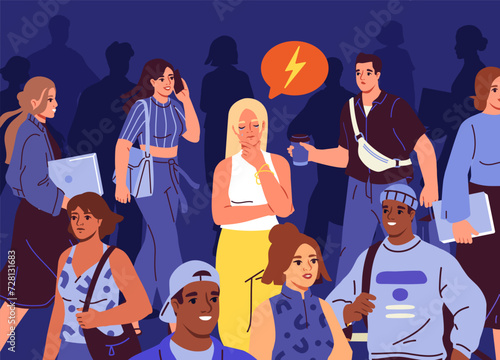 Angry person in crowd concept. Woman stands near young guys and girls. Depression and frustration, loneliness. Negative feelings and emotions, mood. Cartoon flat vector illustration