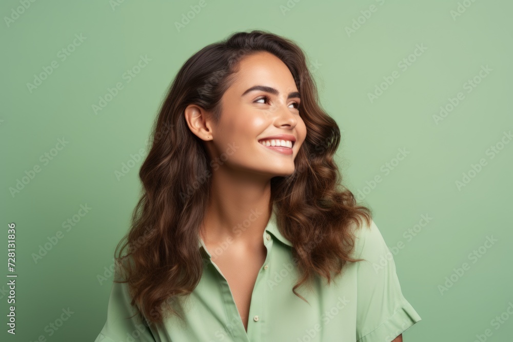 Portrait of happy smiling beautiful young brunette woman in green shirt, over green background Portrait of happy smiling beautiful young brunette woman in green shirt, over green background