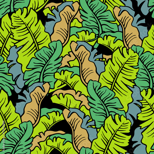 Banana plant leaves pattern for textile design, fabric print, wallpaper, digital paper. Palm tree leaf background, jungle vintage style, hand drawn illustration for spa salon, cafe, hotel decoration.